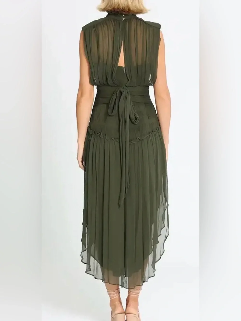 Shona Joy Olive Green Sleeveless Pleated Midi Dress